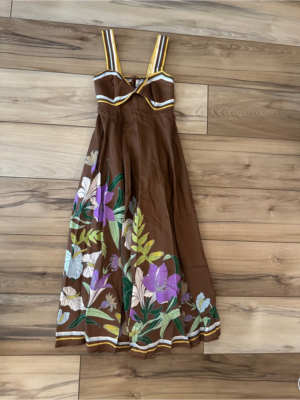 Alemais Brown Midi Dress with Purple & Green Floral Print